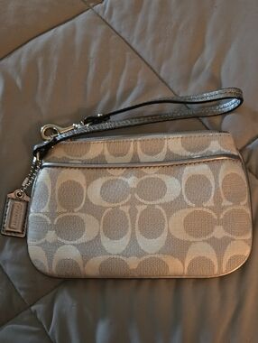 Coach Silver and Cream Signature Canvas Wristlet